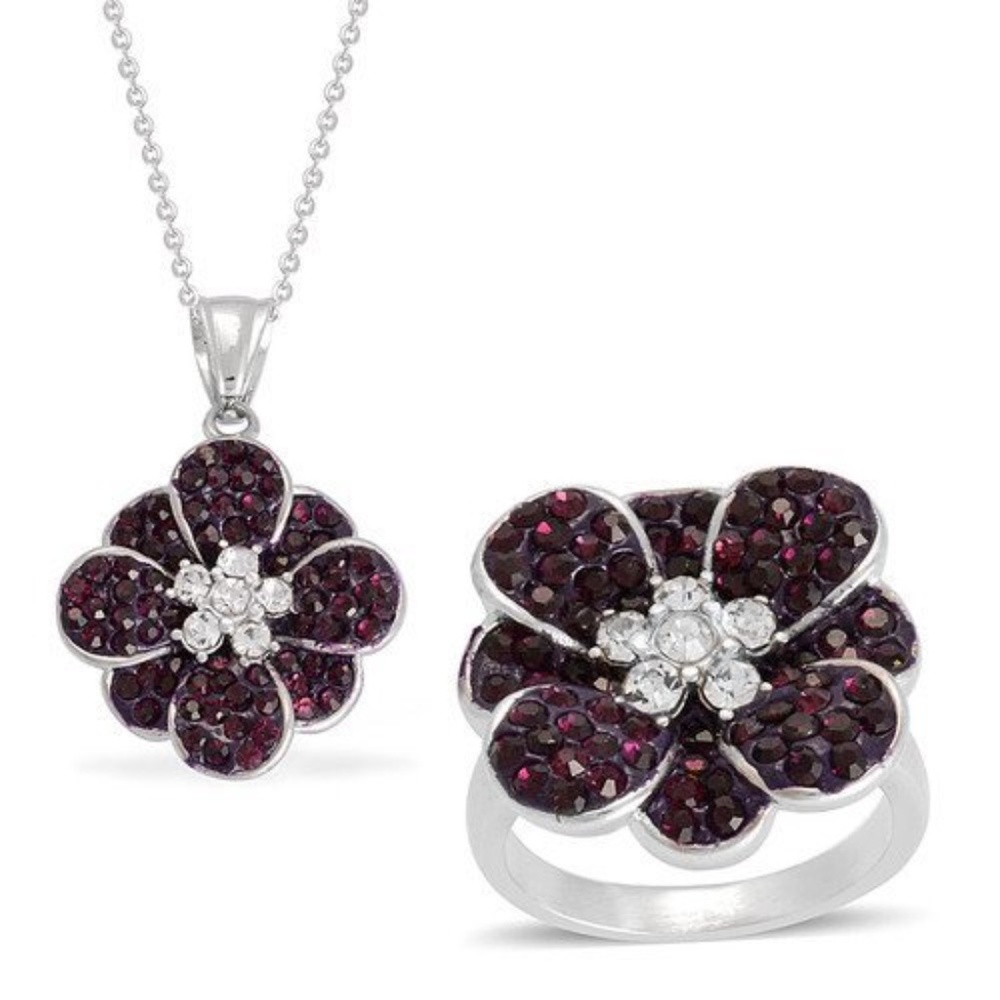 Flower Ring and Necklace Set w/Crystals